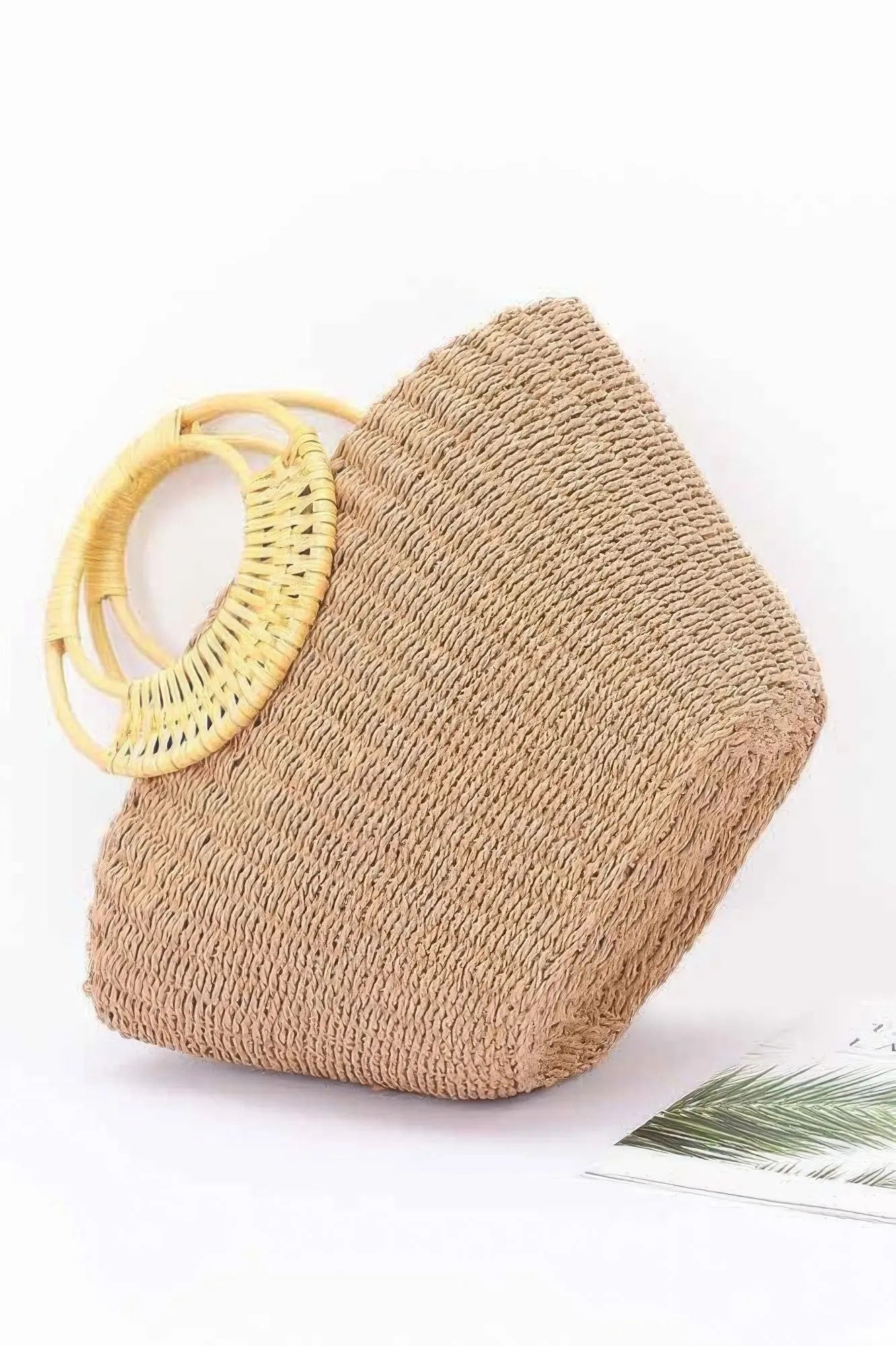Faux Straw Tote Bag with Bamboo Handles - Belle Kloset