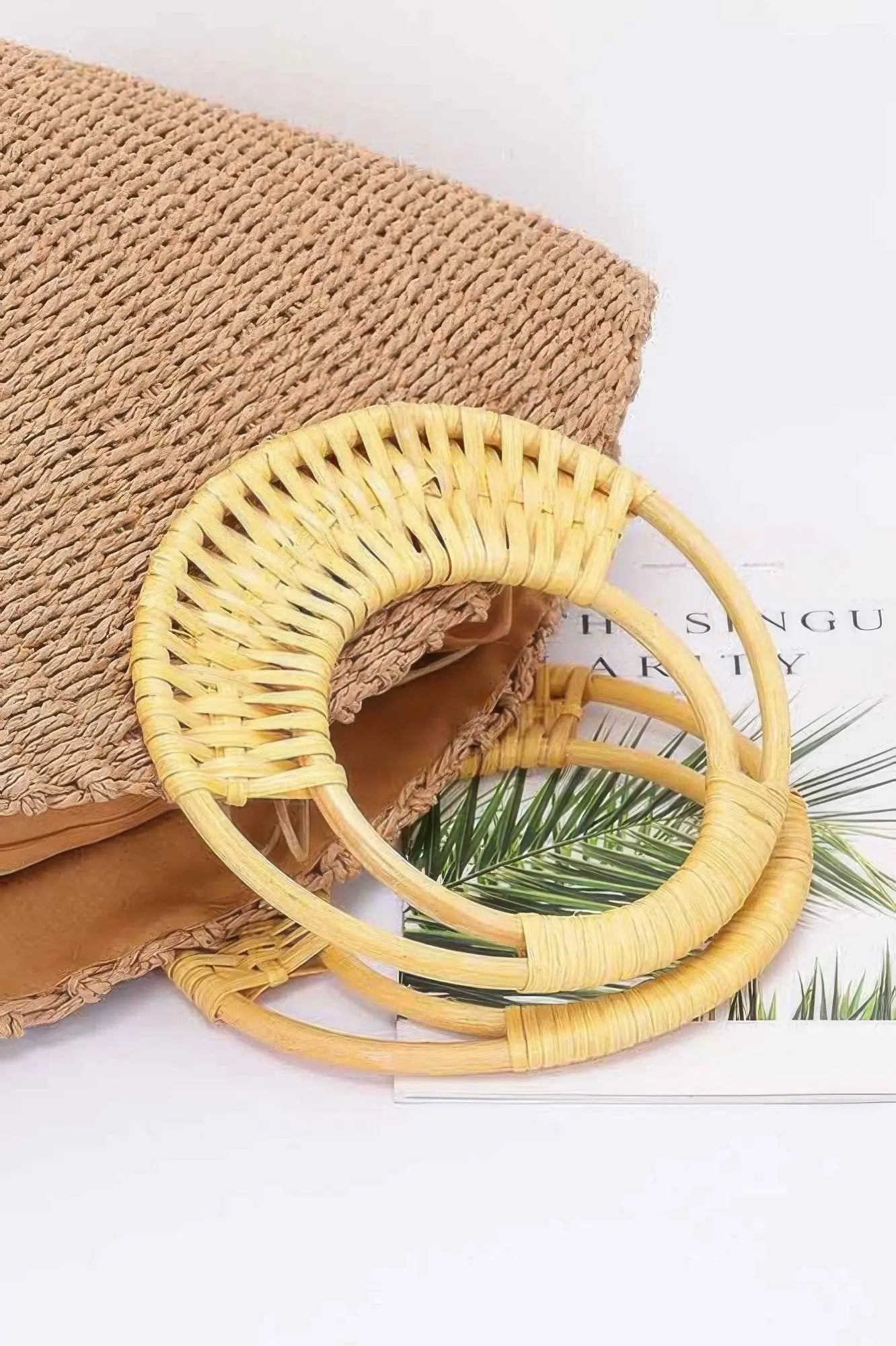 Faux Straw Tote Bag with Bamboo Handles - Belle Kloset