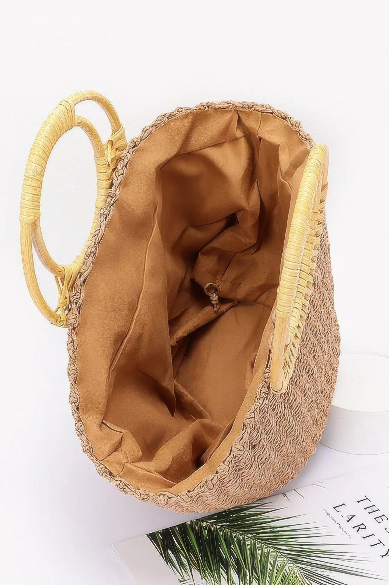 Faux Straw Tote Bag with Bamboo Handles - Belle Kloset