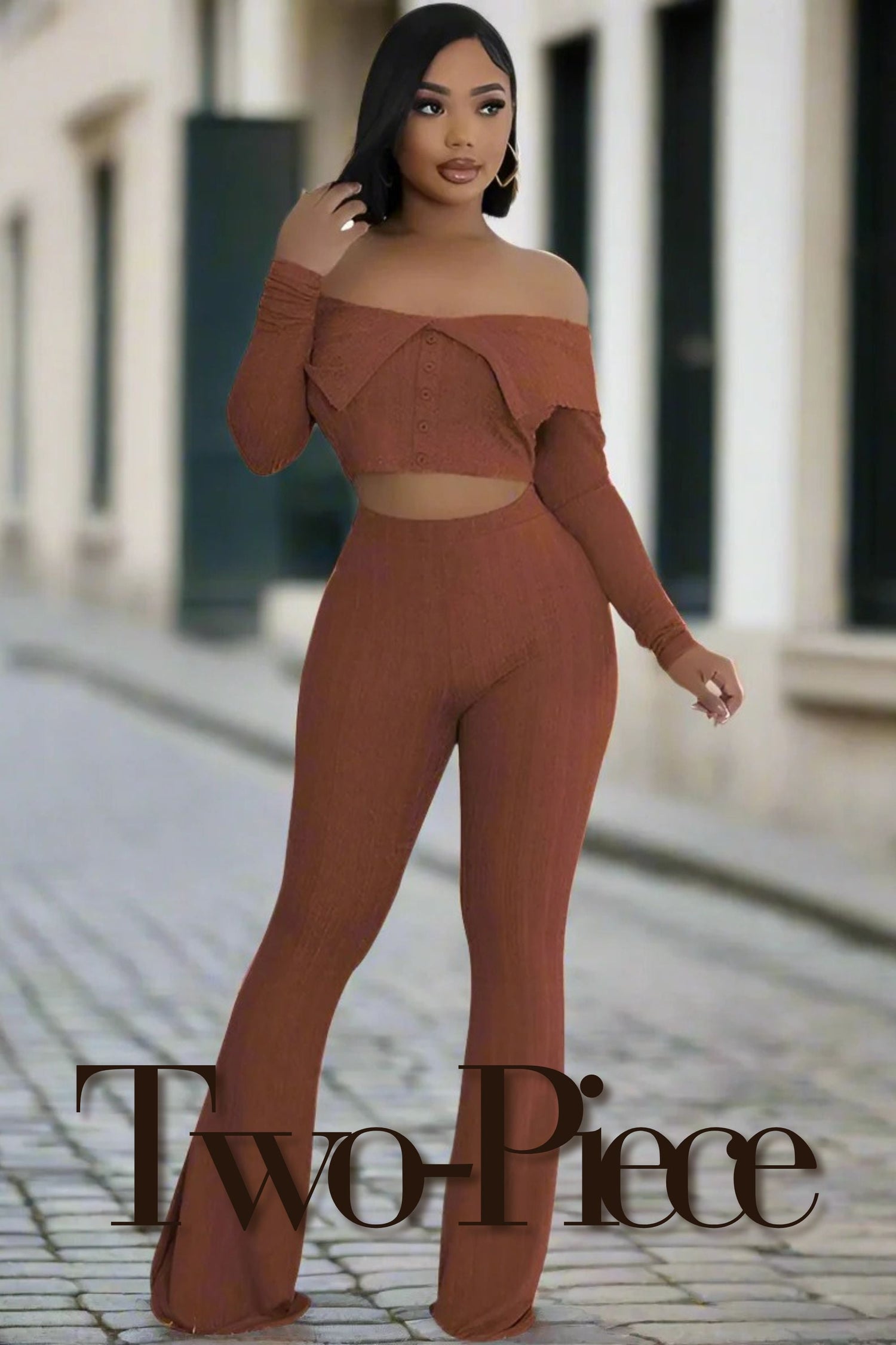 Chic Off-Duty Diva 2-Piece Off-Shoulder Lounge Set in warm earthy tones, featuring a stylish crop top with buttons and flared pants. Perfect for cozy, casual outings in our Two Piece Sets collection.