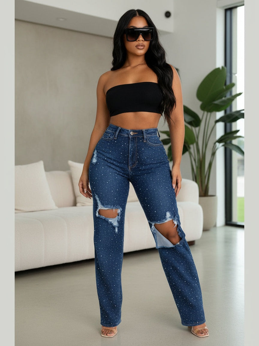 Jade Rhinestone Wide Distressed Leg Jean by Belle Kloset