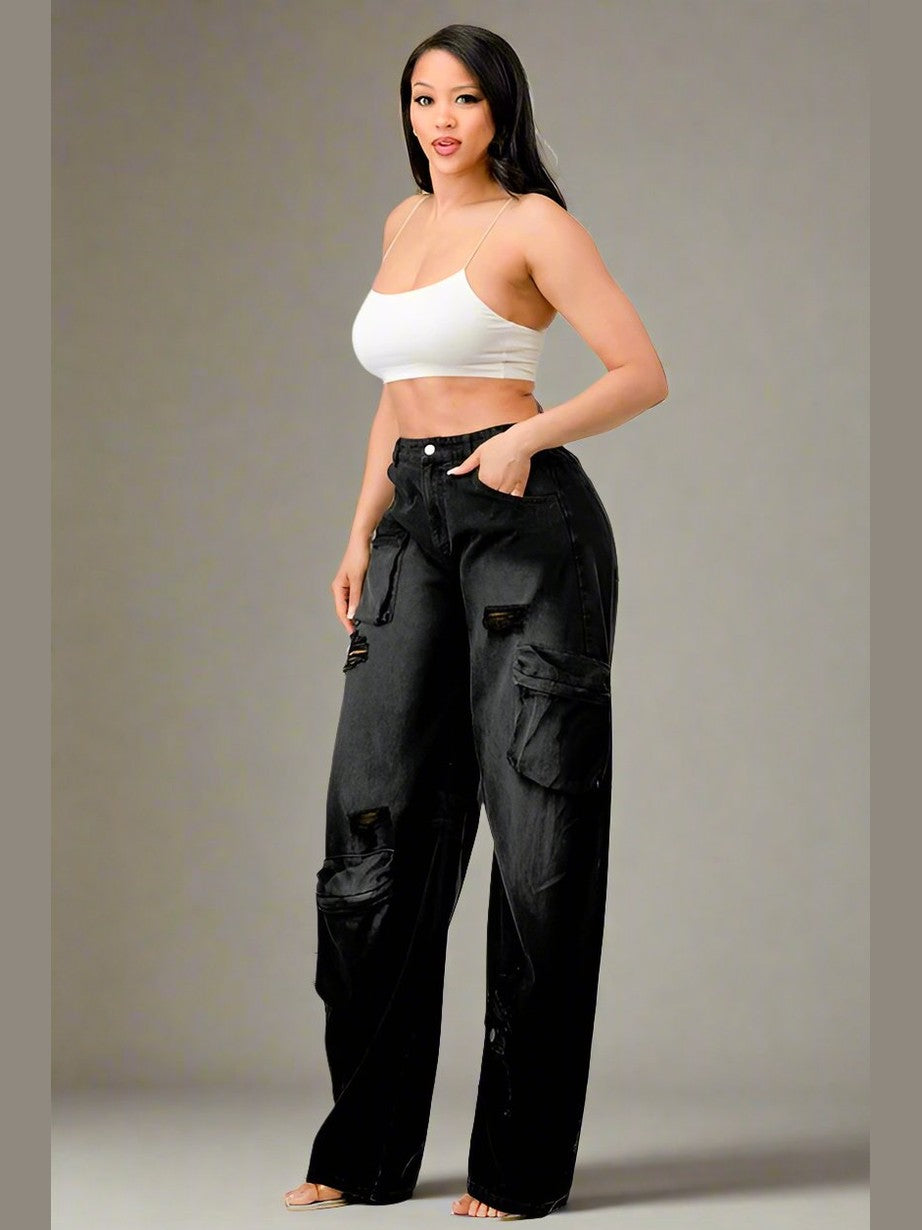 Black Washed-Out Cargo Pants