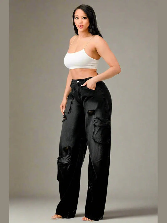 Black Washed-Out High-Waist Cargo Pants - Chic Women's Jeans | Belle Kloset Fashion