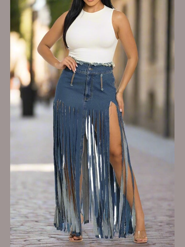 Bohemian Blues Fringe Denim Skirt