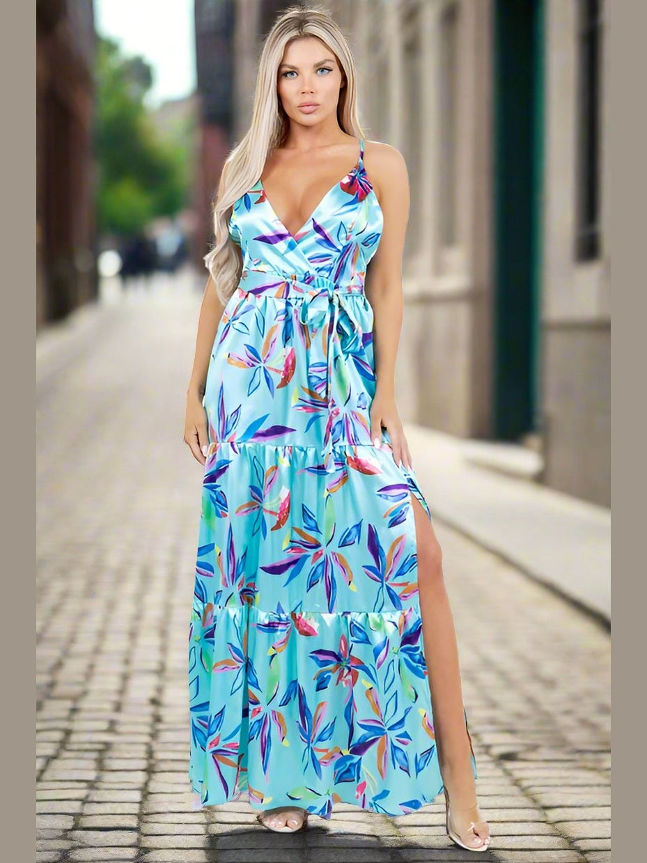 Front view of the Star Gazing Maxi Dress in Blue, highlighting its chic cut-off front side and modern maxi silhouette