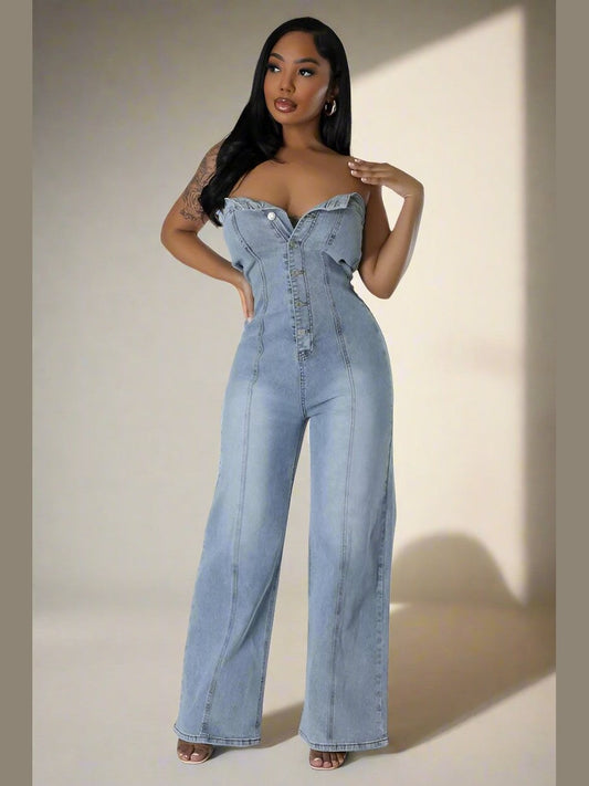 Stylish Strapless Denim Jumpsuit - Chic Women's Outfit Set | Belle Kloset Fashion