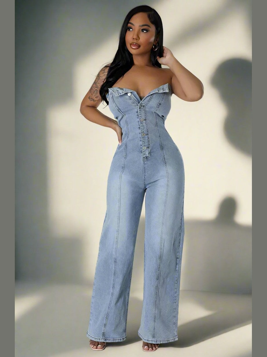Stylish Strapless Denim Jumpsuit - Chic Women's Outfit Set | Belle Kloset Fashion