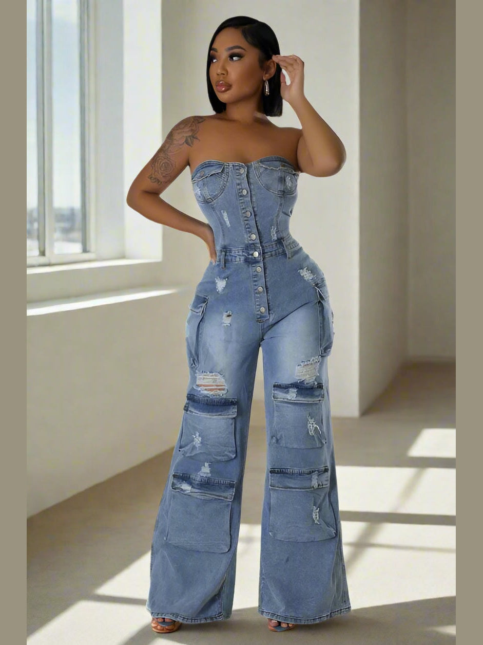 Street Chic Strapless Denim Jumpsuit - Chic Women's Outfit Set | Belle Kloset Fashion