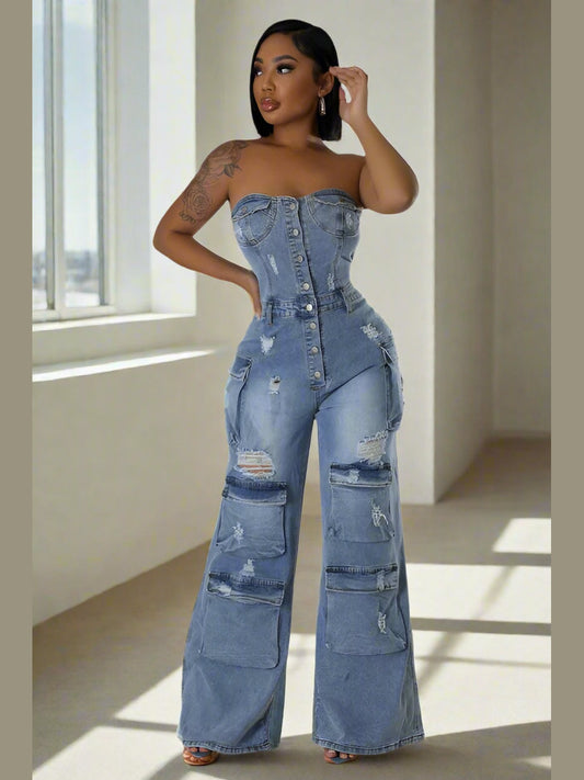 Street Chic Strapless Denim Jumpsuit - Chic Women's Outfit Set | Belle Kloset Fashion