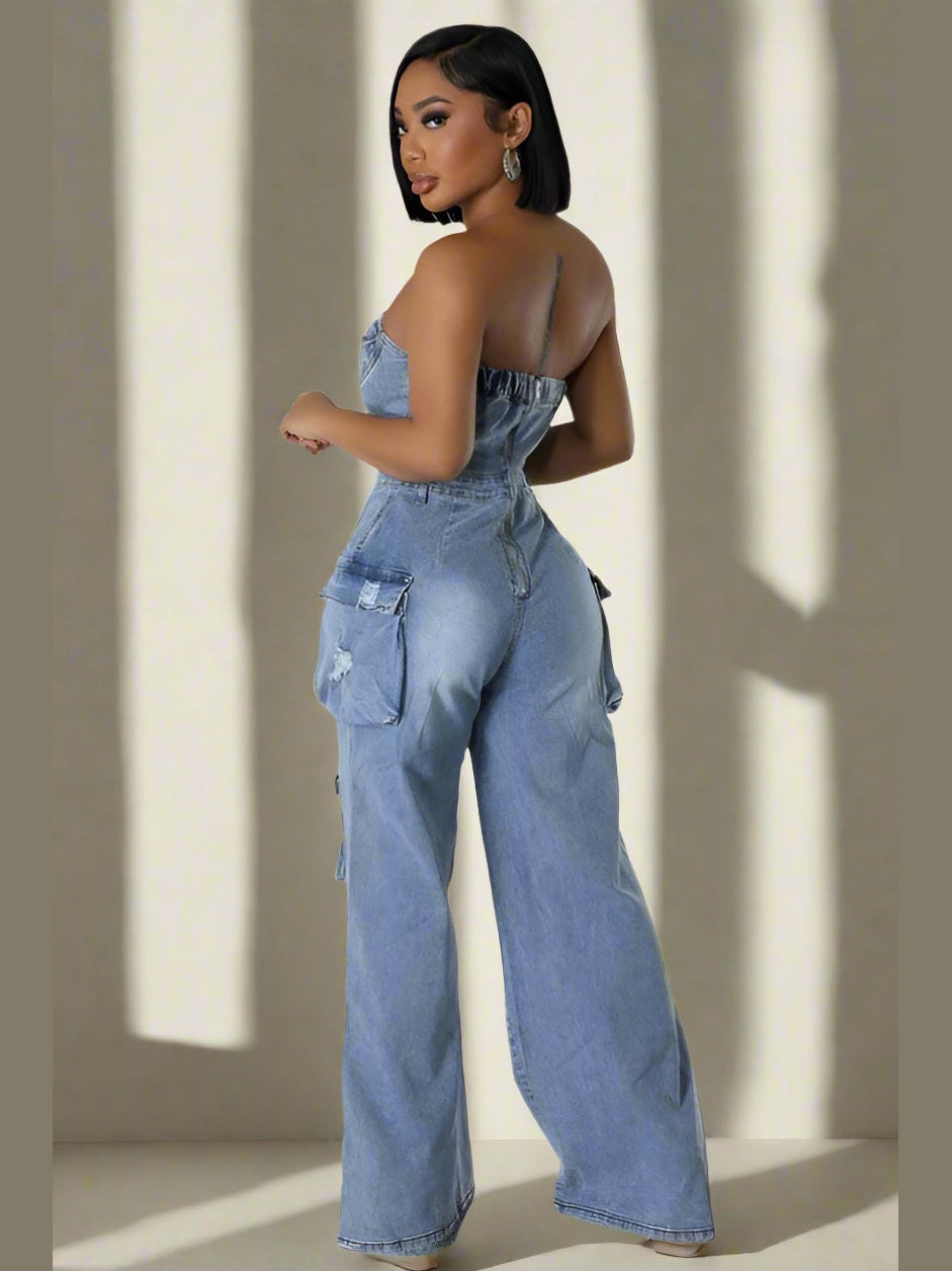 Street Chic Strapless Denim Jumpsuit - Chic Women's Outfit Set | Belle Kloset Fashion