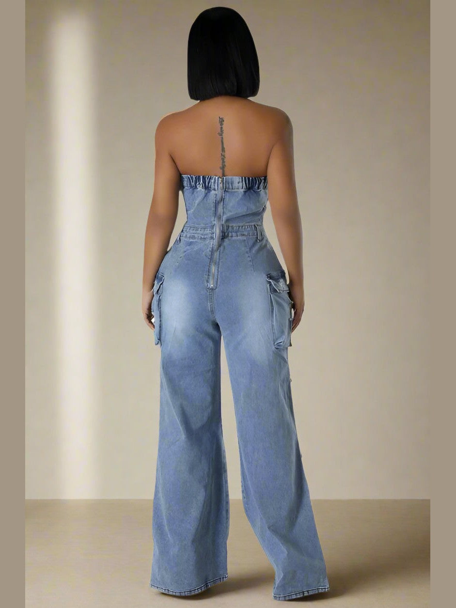 Street Chic Strapless Denim Jumpsuit - Chic Women's Outfit Set | Belle Kloset Fashion