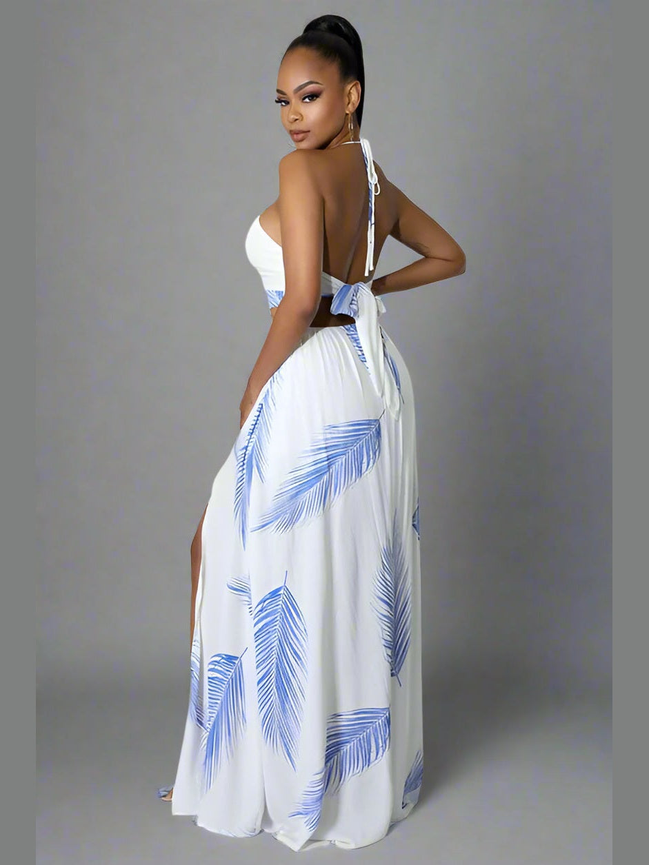 
"Blue and white halter neck maxi dress with deep V-neckline, sleeveless design, open back with self-tie, elastic waist, and a flowy draped skirt.