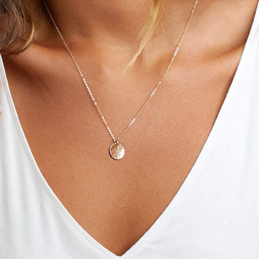 Dainty Layering Simulated Pearls Bar Necklace Hammered Disc Pendant Necklaces Simple Layering Necklace Choker for Women Turandoss