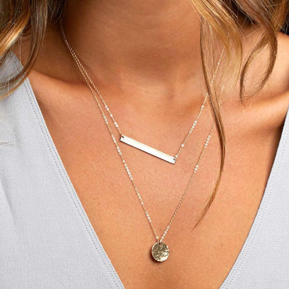 Dainty Layering Simulated Pearls Bar Necklace Hammered Disc Pendant Necklaces Simple Layering Necklace Choker for Women Turandoss