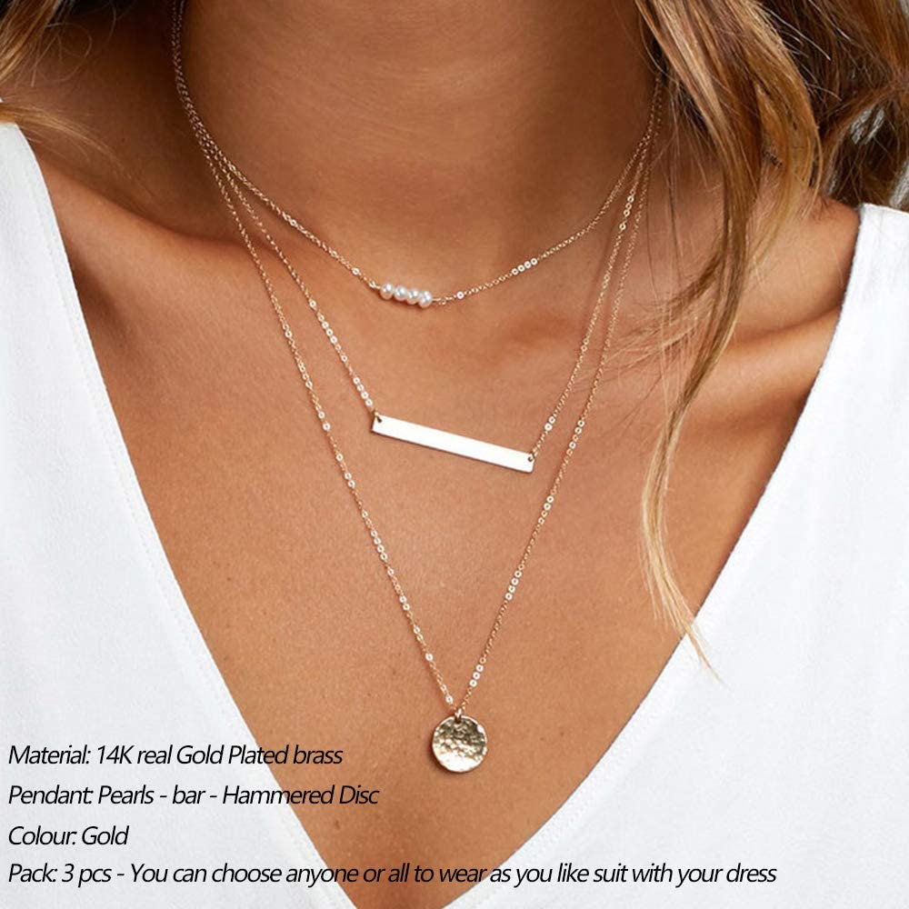 Dainty Layering Simulated Pearls Bar Necklace Hammered Disc Pendant Necklaces Simple Layering Necklace Choker for Women Turandoss