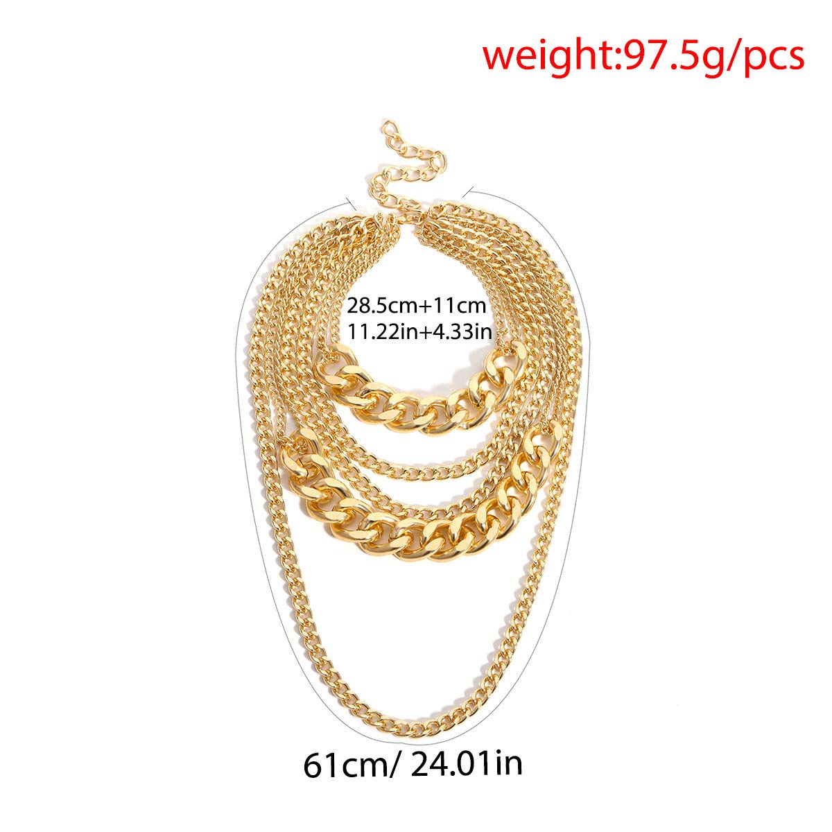 Gold chain necklace with measurements and weight information on a white background