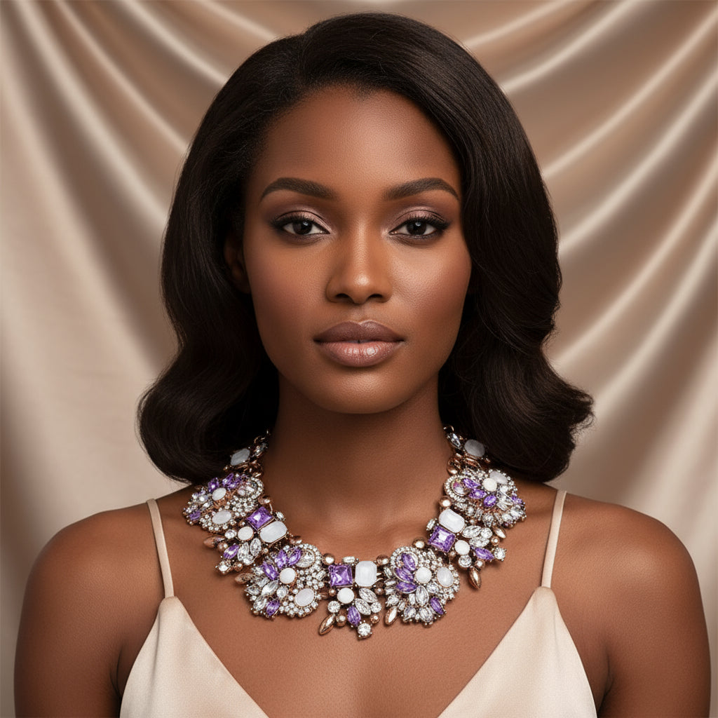 Zthread Bib Statement Necklace Colorful Glass Crystal Collar Choker Necklace for Women Fashion Accessories (Purple + White) Zthread