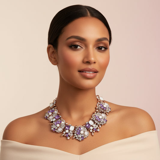 Zthread Bib Statement Necklace Colorful Glass Crystal Collar Choker Necklace for Women Fashion Accessories (Purple + White) Zthread