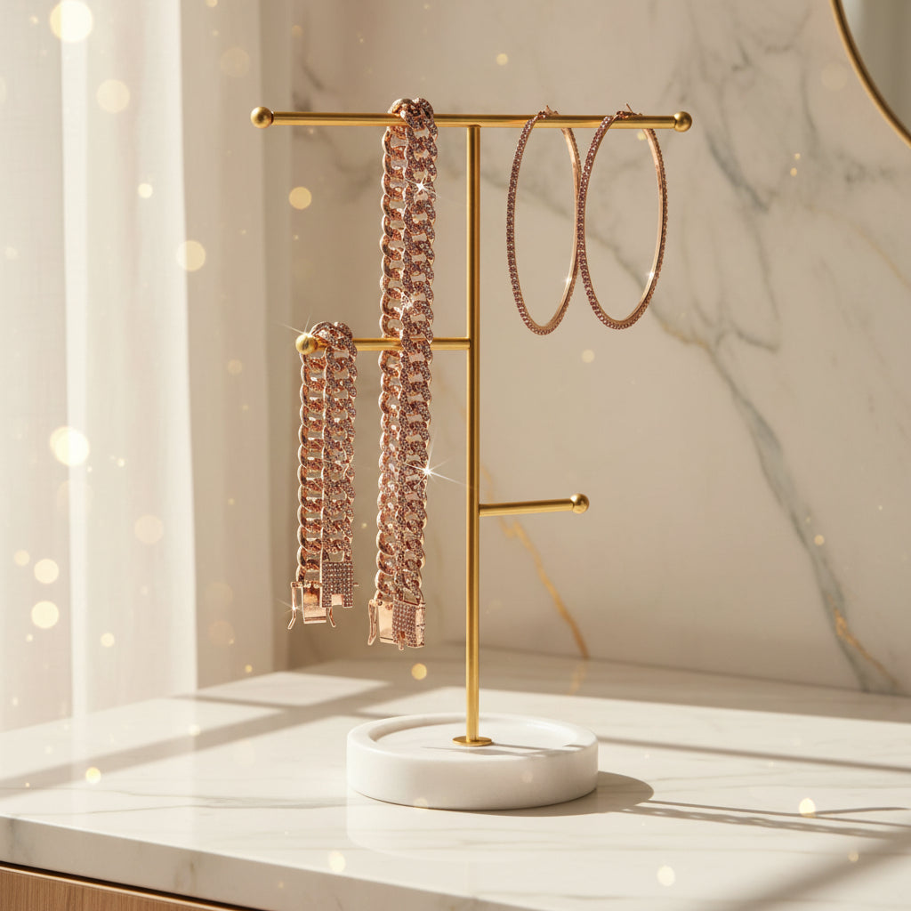 Batiyeer 3 Pcs Cuban Link Chain Necklace Bracelet Rhinestone Hoop Earrings Bling Crystal Hip Hop Jewelry for Women(18 Inch,Rose Gold Pink) Batiyeer