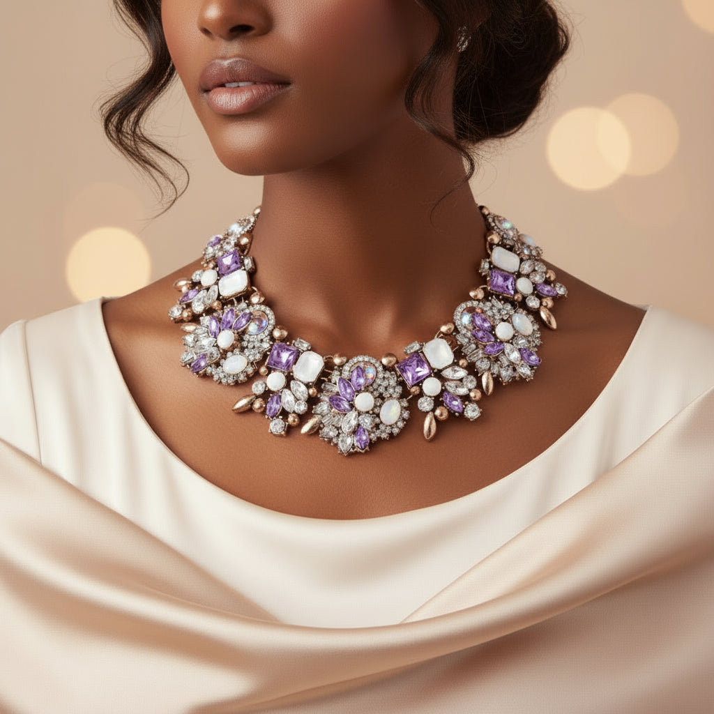 Zthread Bib Statement Necklace Colorful Glass Crystal Collar Choker Necklace for Women Fashion Accessories (Purple + White) Zthread
