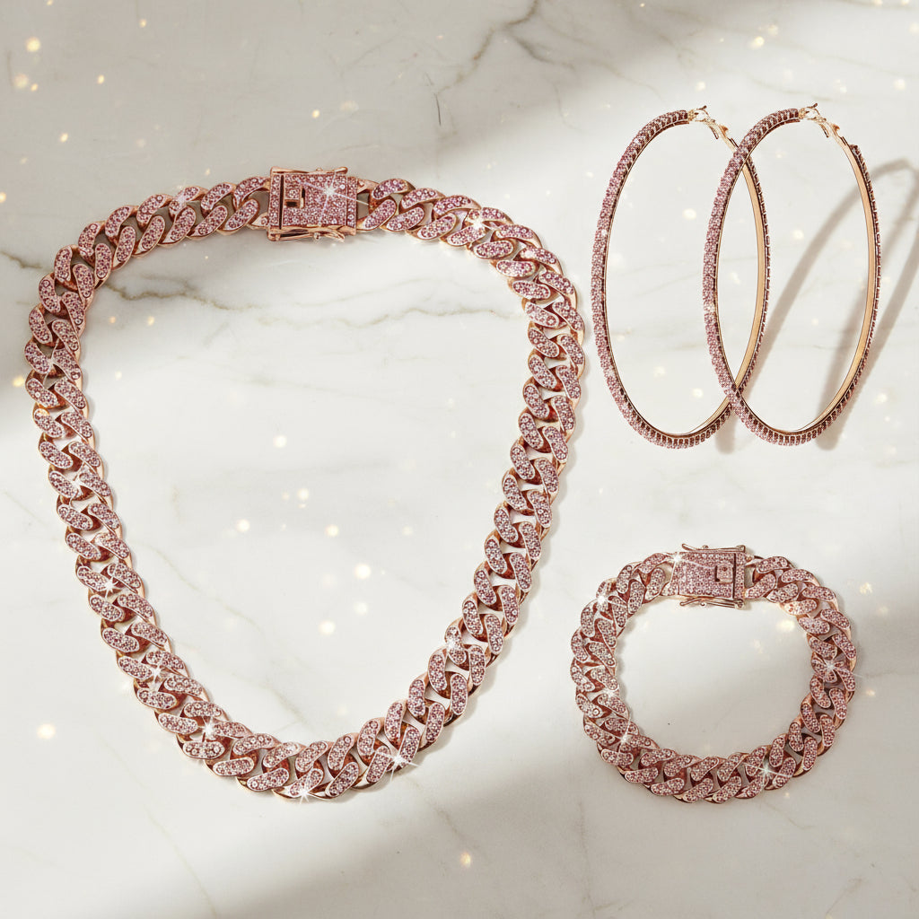 Batiyeer 3 Pcs Cuban Link Chain Necklace Bracelet Rhinestone Hoop Earrings Bling Crystal Hip Hop Jewelry for Women(18 Inch,Rose Gold Pink) Batiyeer