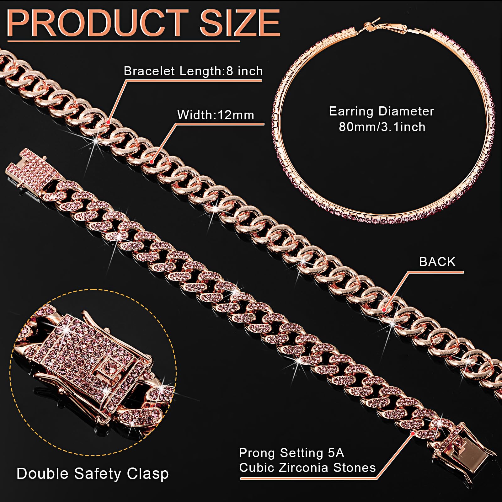 Batiyeer 3 Pcs Cuban Link Chain Necklace Bracelet Rhinestone Hoop Earrings Bling Crystal Hip Hop Jewelry for Women(18 Inch,Rose Gold Pink) Batiyeer