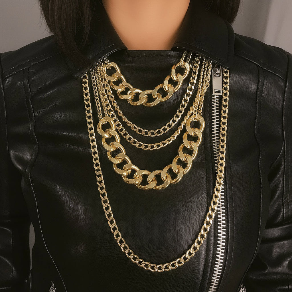 Close-up of women’s gold statement necklace with bold layered chains
