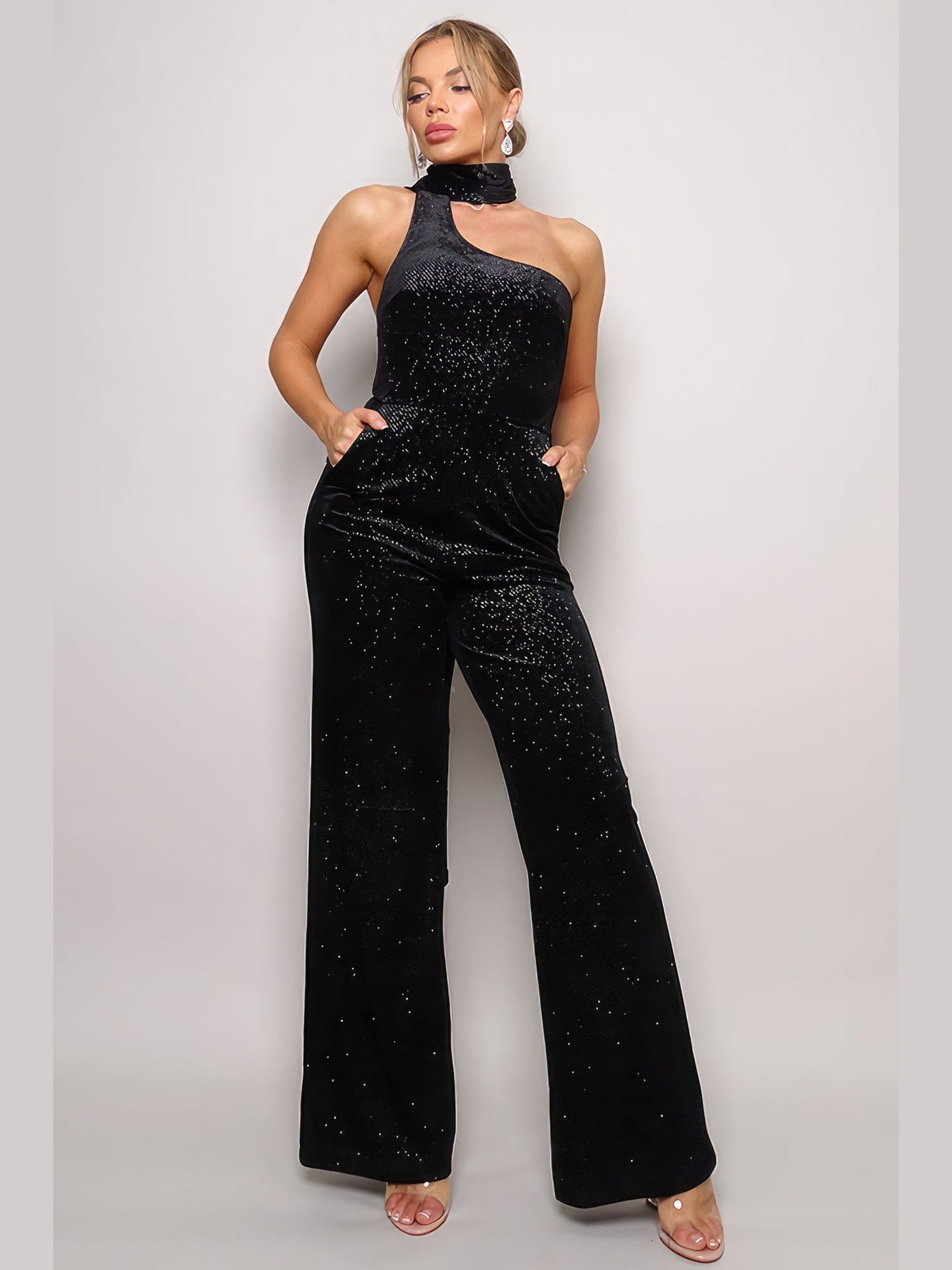 Scarf Top Glitter Velvet Jumpsuit - Chic Women's  | Belle Kloset Fashion