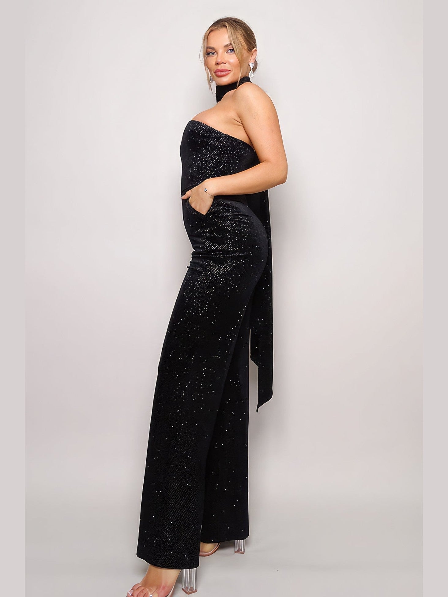 Scarf Top Glitter Velvet Jumpsuit - Chic Women's  | Belle Kloset Fashion