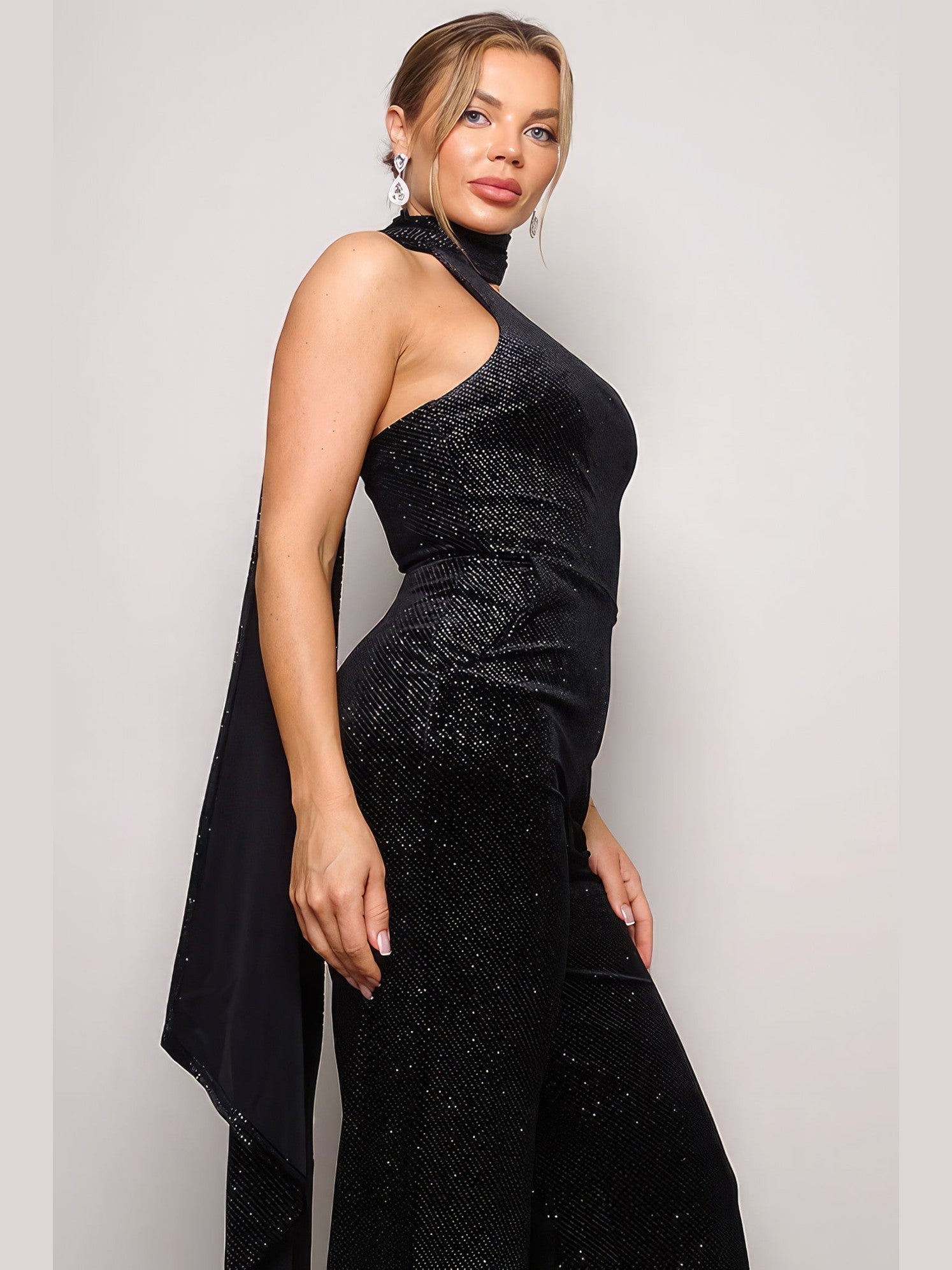 Scarf Top Glitter Velvet Jumpsuit - Chic Women's  | Belle Kloset Fashion