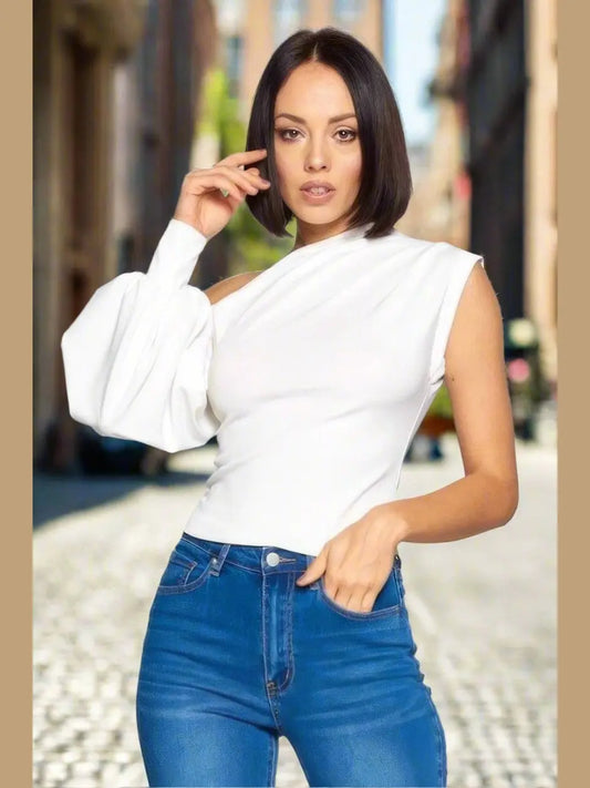 Sassy One-shoulder Top (White) - Chic Women's Tops | Belle Kloset Fashion
