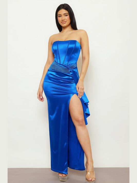 Satin Tubetop Pleated Fold Maxi Dress - Chic Women's  | Belle Kloset Fashion