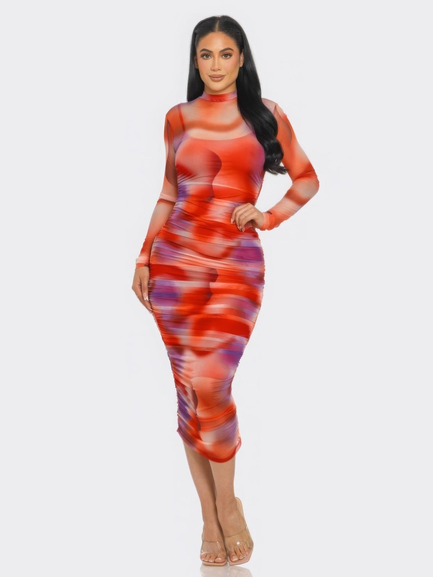 Summer Heat Print Mesh Ruched Midi Dress - Chic Women's  | Belle Kloset Fashion