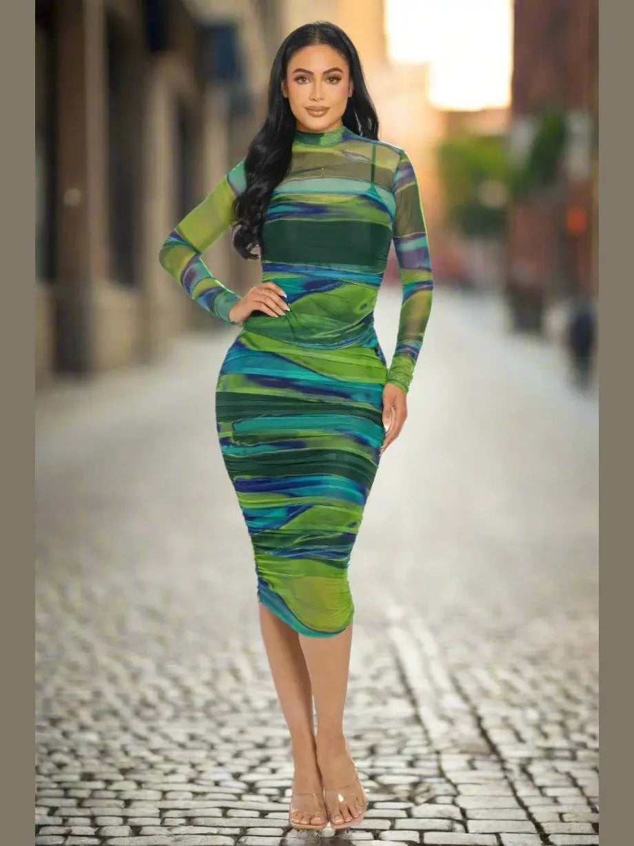 Stylish Green Ruched Midi Dress with Mesh for Date Night - Chic Women's Dresses | Belle Kloset Fashion