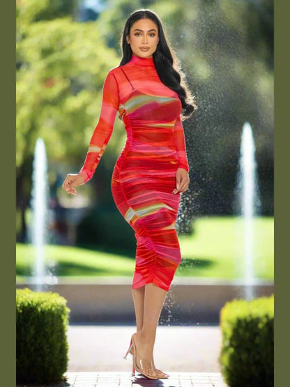 Red Mesh Ruched Midi Dress with Long Sleeves and Smock Neck - Chic Women's Dresses | Belle Kloset Fashion