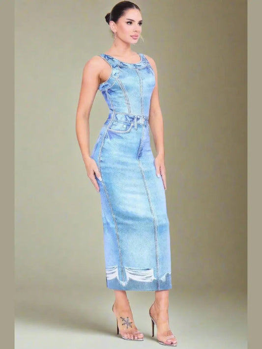 Charlie Denim Print Midi Dress - Chic Women's Dresses | Belle Kloset Fashion