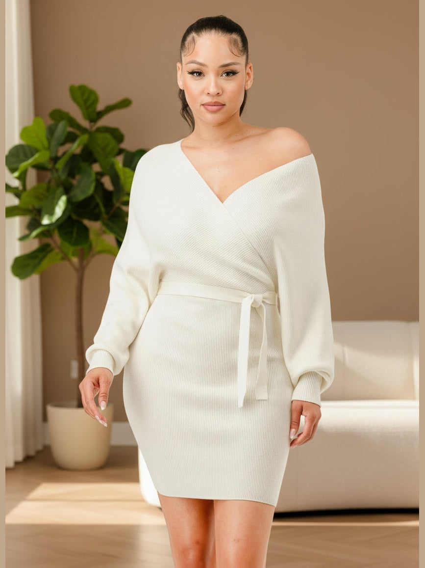 Off Shoulder Wrap Belted Ribbed Sweather Dress - Chic Women's  | Belle Kloset Fashion