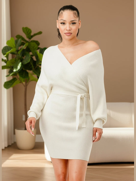 Off Shoulder Wrap Belted Ribbed Sweather Dress - Chic Women's  | Belle Kloset Fashion