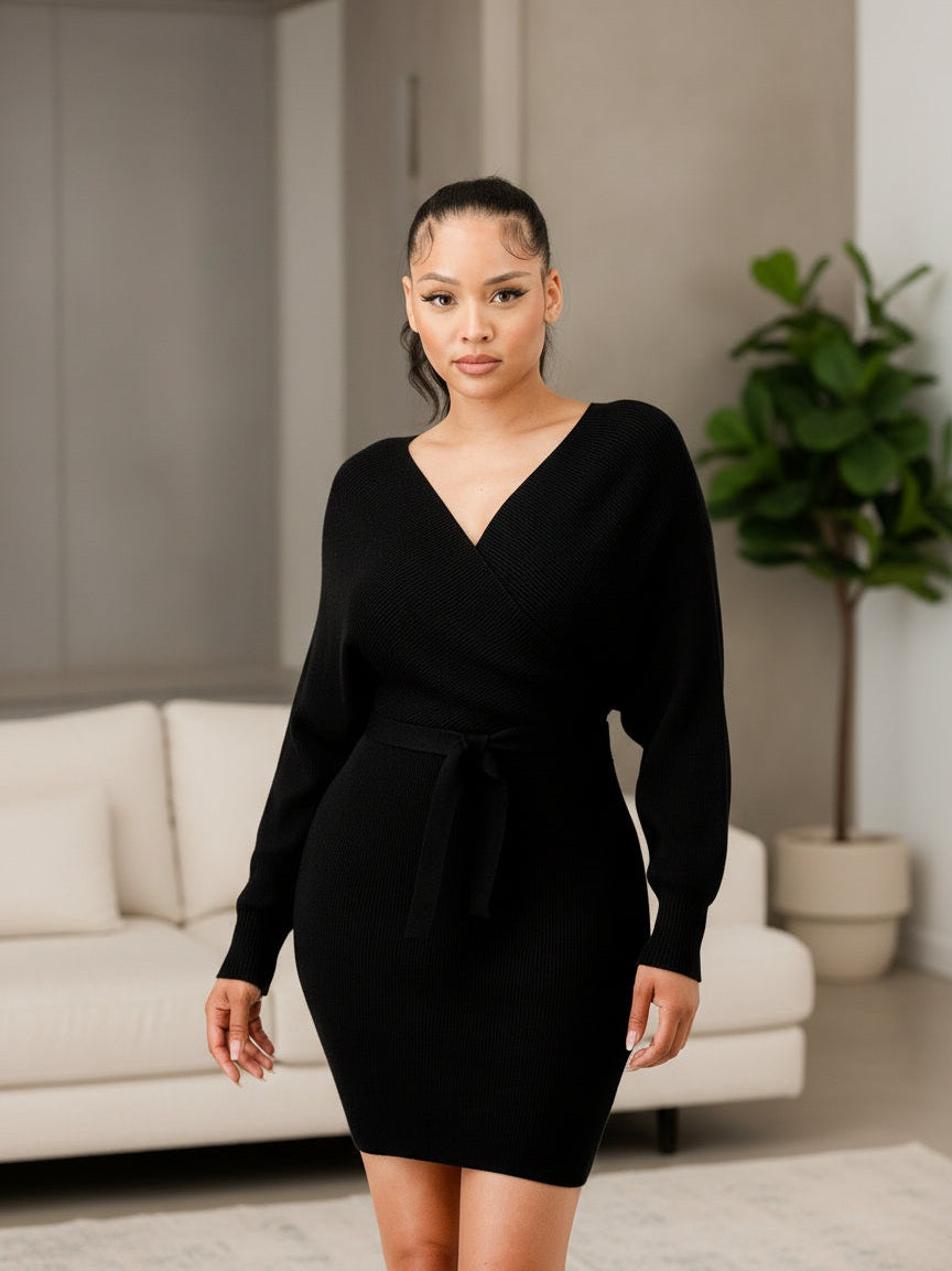 Off Shoulder Wrap Belted Ribbed Sweather Dress - Chic Women's  | Belle Kloset Fashion