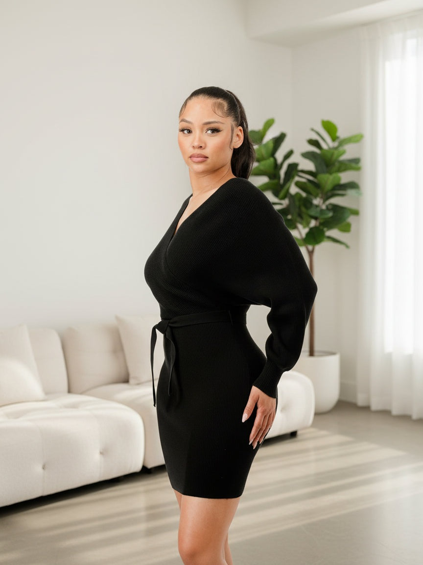 Off Shoulder Wrap Belted Ribbed Sweather Dress - Chic Women's  | Belle Kloset Fashion