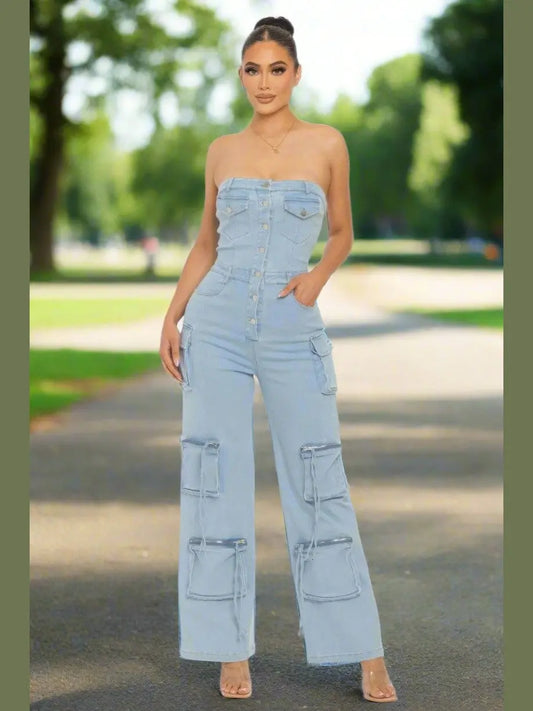 Strapless Denim Jumpsuit - Chic Women's Outfit Set | Belle Kloset Fashion