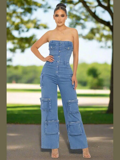 Strapless Denim Jumpsuit - Chic Women's Outfit Set | Belle Kloset Fashion