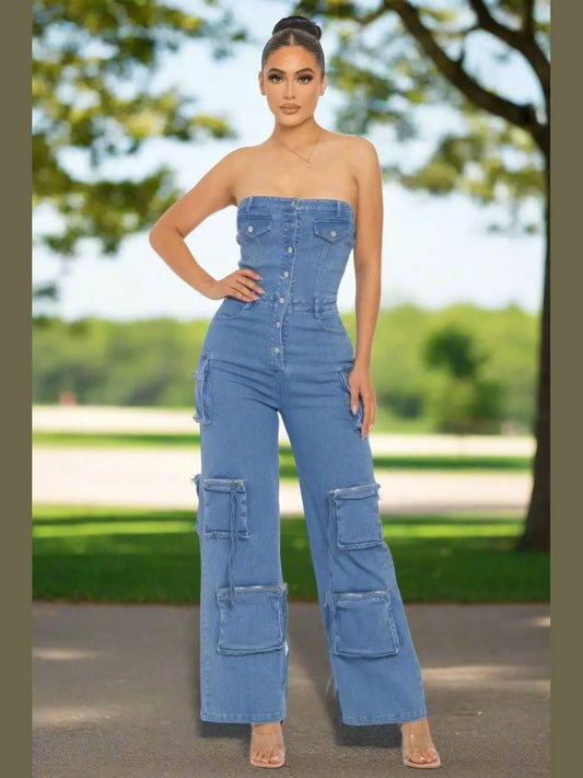 Strapless Denim Jumpsuit - Chic Women's Outfit Set | Belle Kloset Fashion