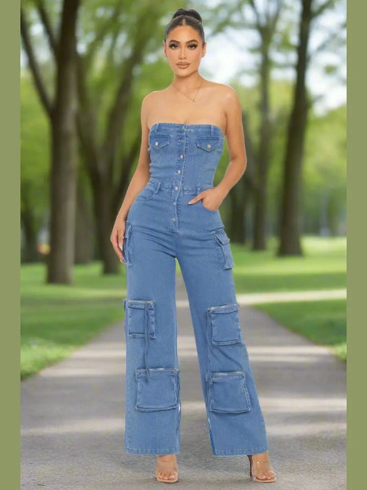 Strapless Denim Jumpsuit - Chic Women's Outfit Set | Belle Kloset Fashion