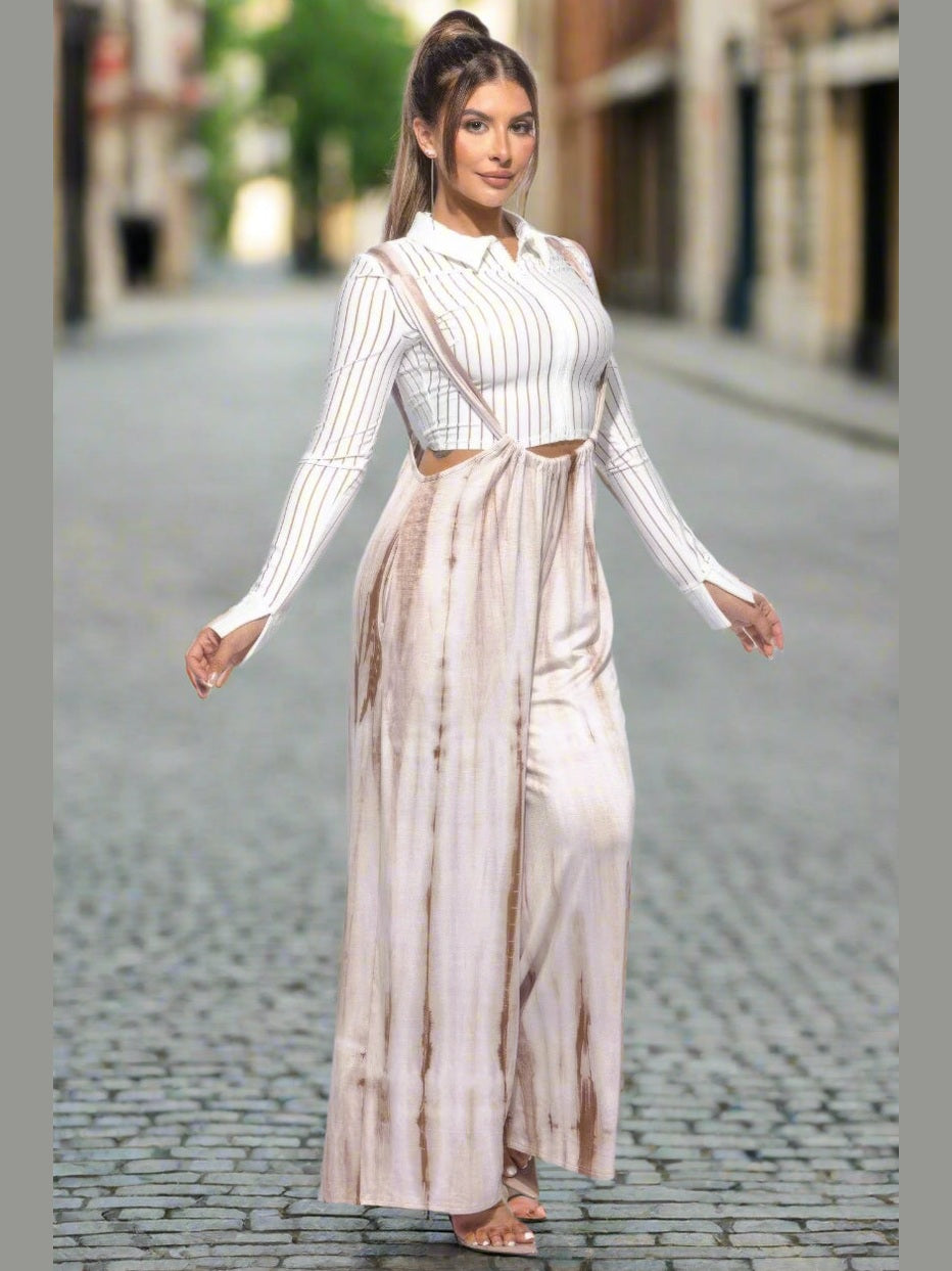 Tie-Dye Drawstring Baggy Jumpsuit Mocha