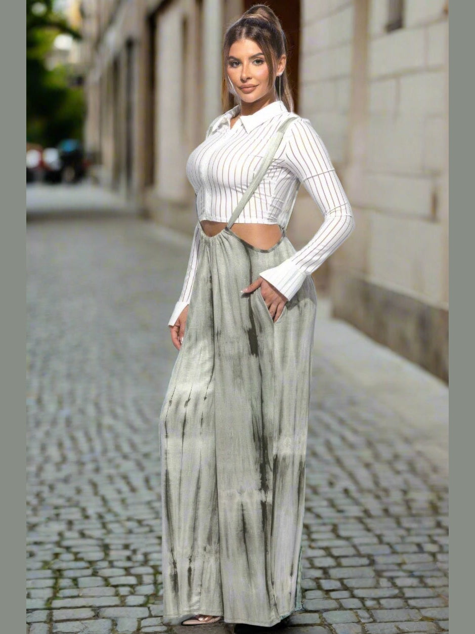 Tie-Dye Drawstring Baggy Jumpsuit Green