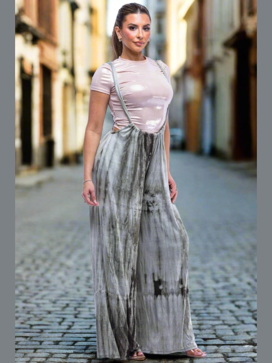 Tie-Dye Drawstring Baggy Jumpsuit Black