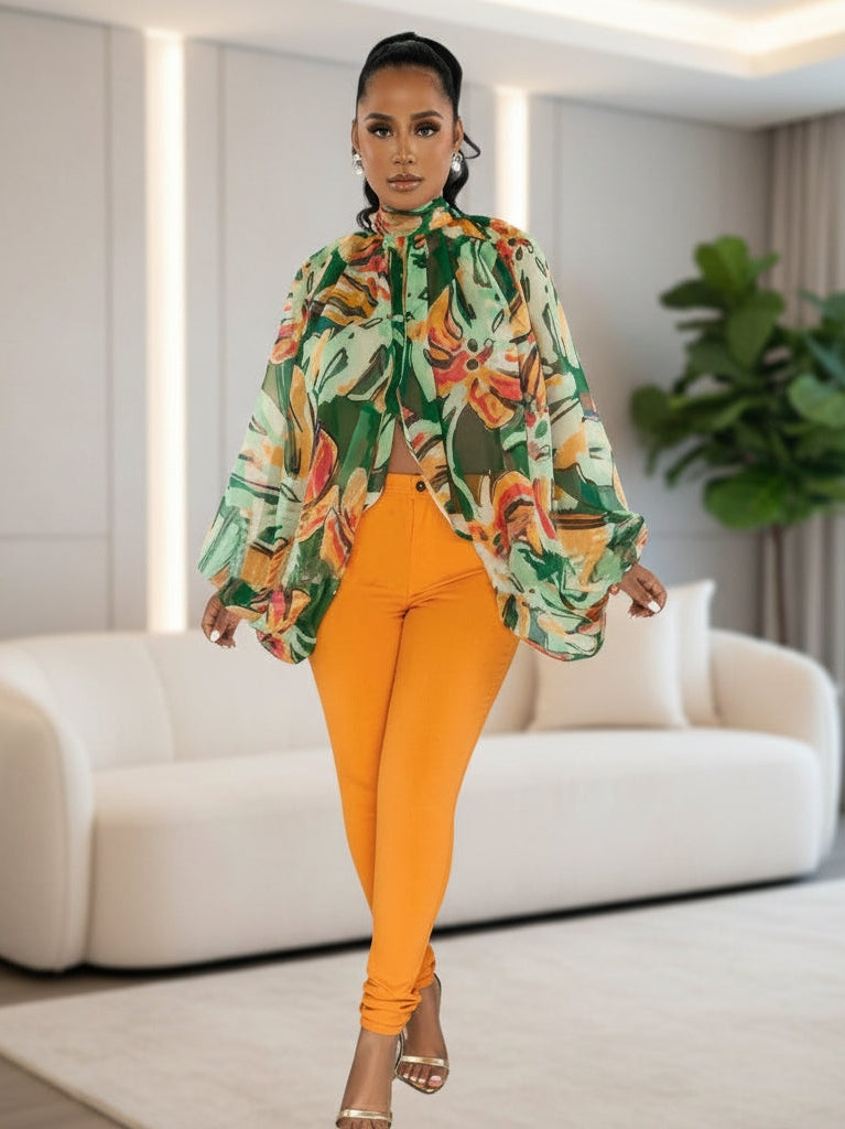 Chiffon Lace-Up Batwing Sleeve Printed Top