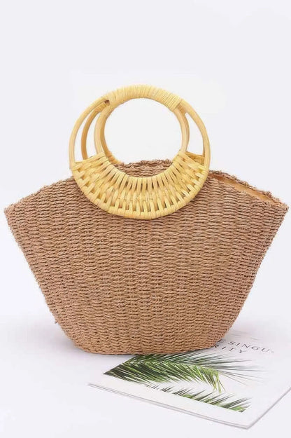 Faux Straw Tote Bag with Bamboo Handles - Belle Kloset