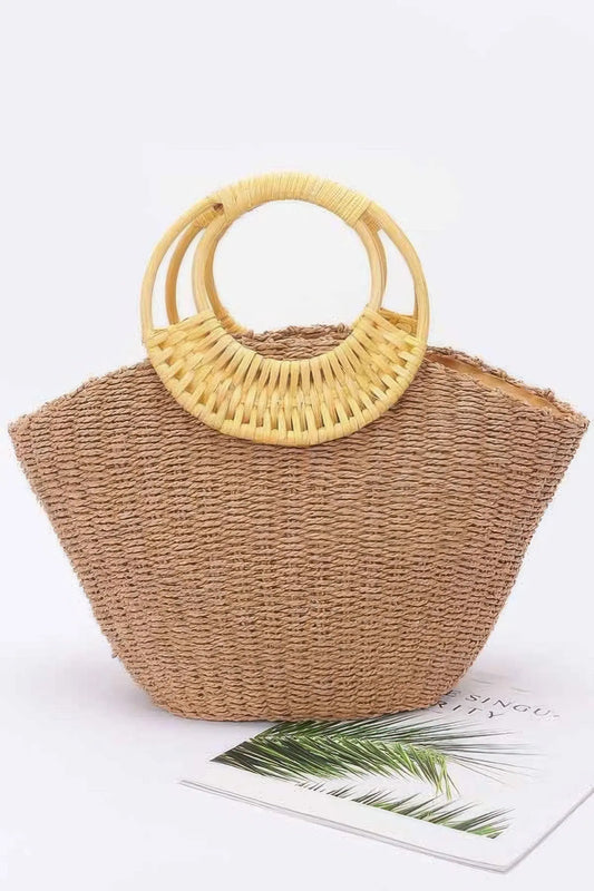 Faux Straw Tote Bag with Bamboo Handles - Belle Kloset